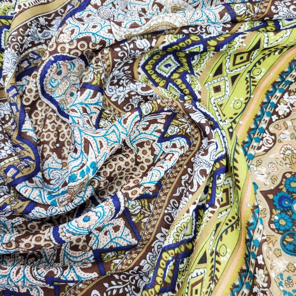 Jessica McClintock Scarf Shawl Wrap Cardigan Indigo Olive Paisley Floral Stripe - Picture 7 of 10